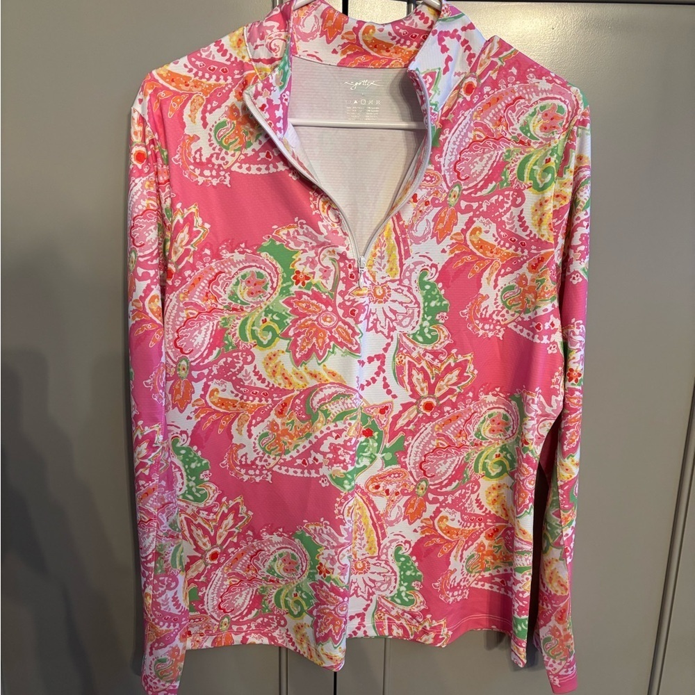 Gottex Long Sleeve Zip Mock Neck Colorful Paisley Women's Top